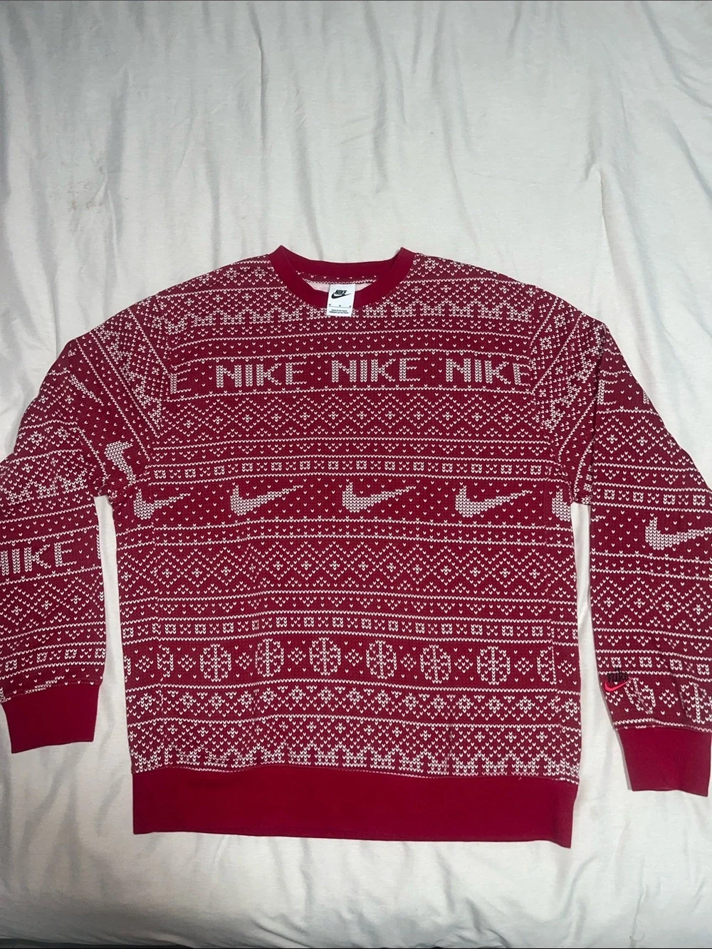 Nike Red and White Fair Isle Crewneck Sweater